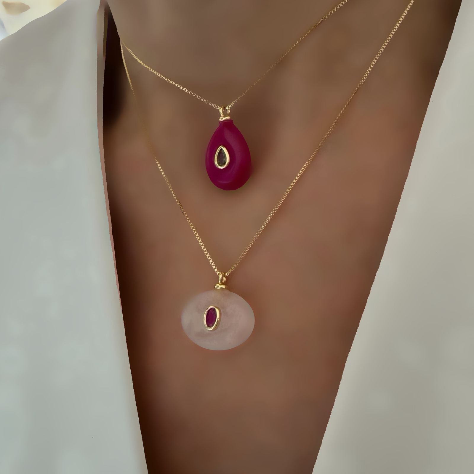 Cadena ágata fucsia y cuarzo rosa