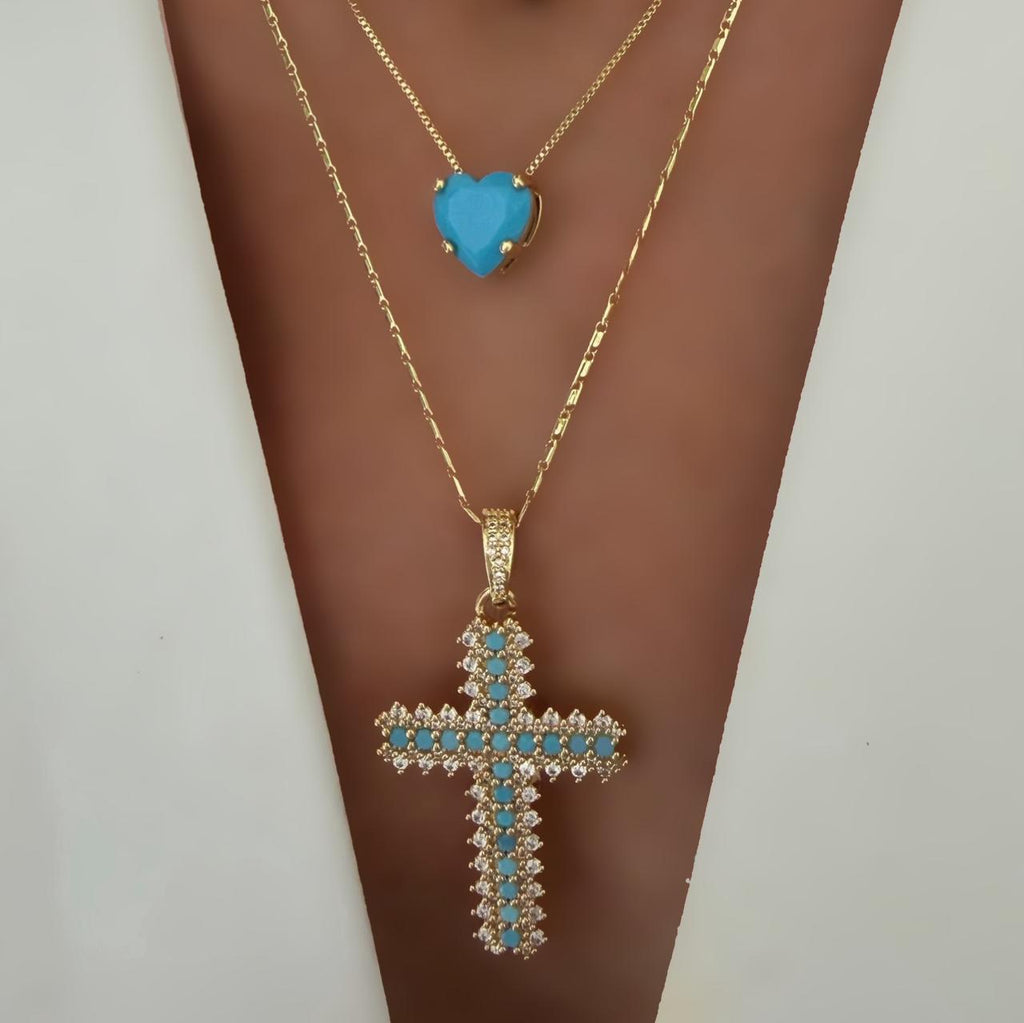 Cadena cross o heart turquesa glam