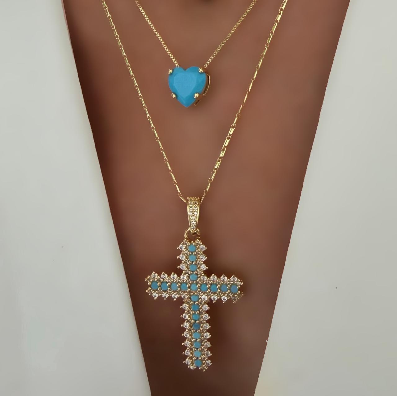 Cadena cross o heart turquesa glam