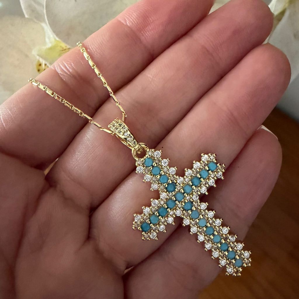 Cadena cross o heart turquesa glam