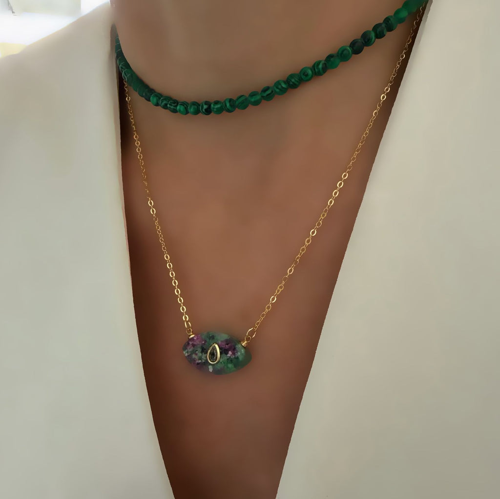 Choker malaquita y Cadena Zoisita Evil Eye
