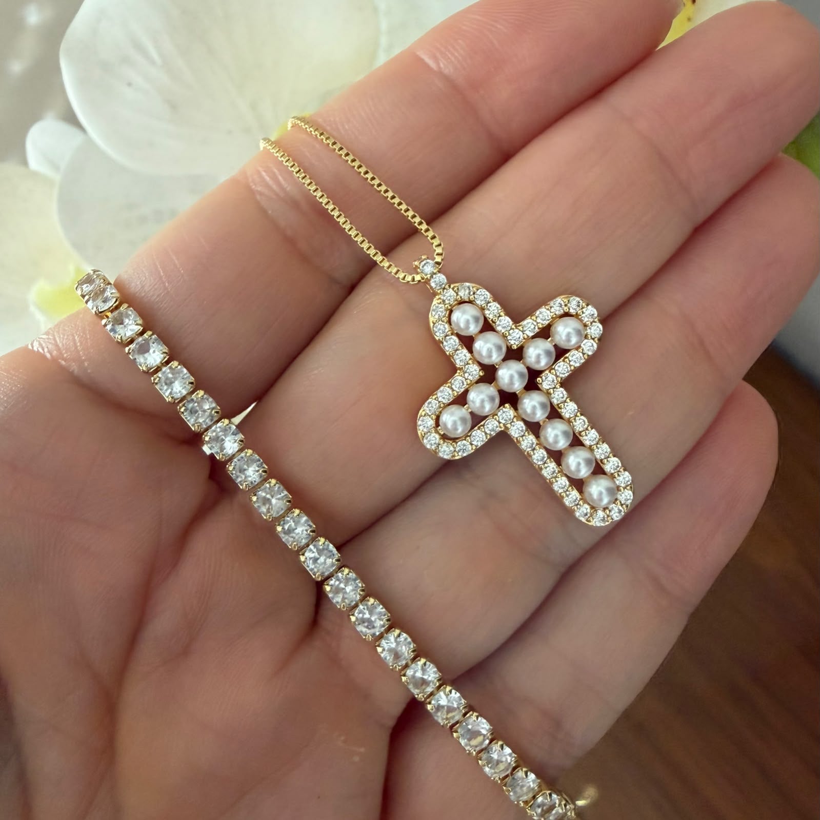 Choker cz o cadena cross cz Pearl mini