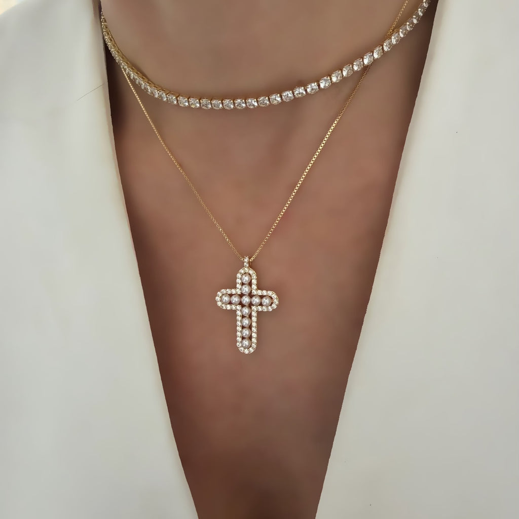 Choker cz o cadena cross cz Pearl mini