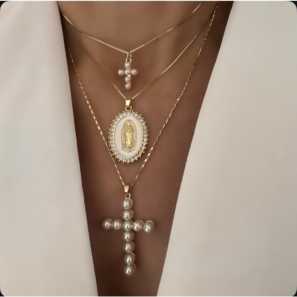 Cadenas cross Pearl & Virgen de Guadalupe