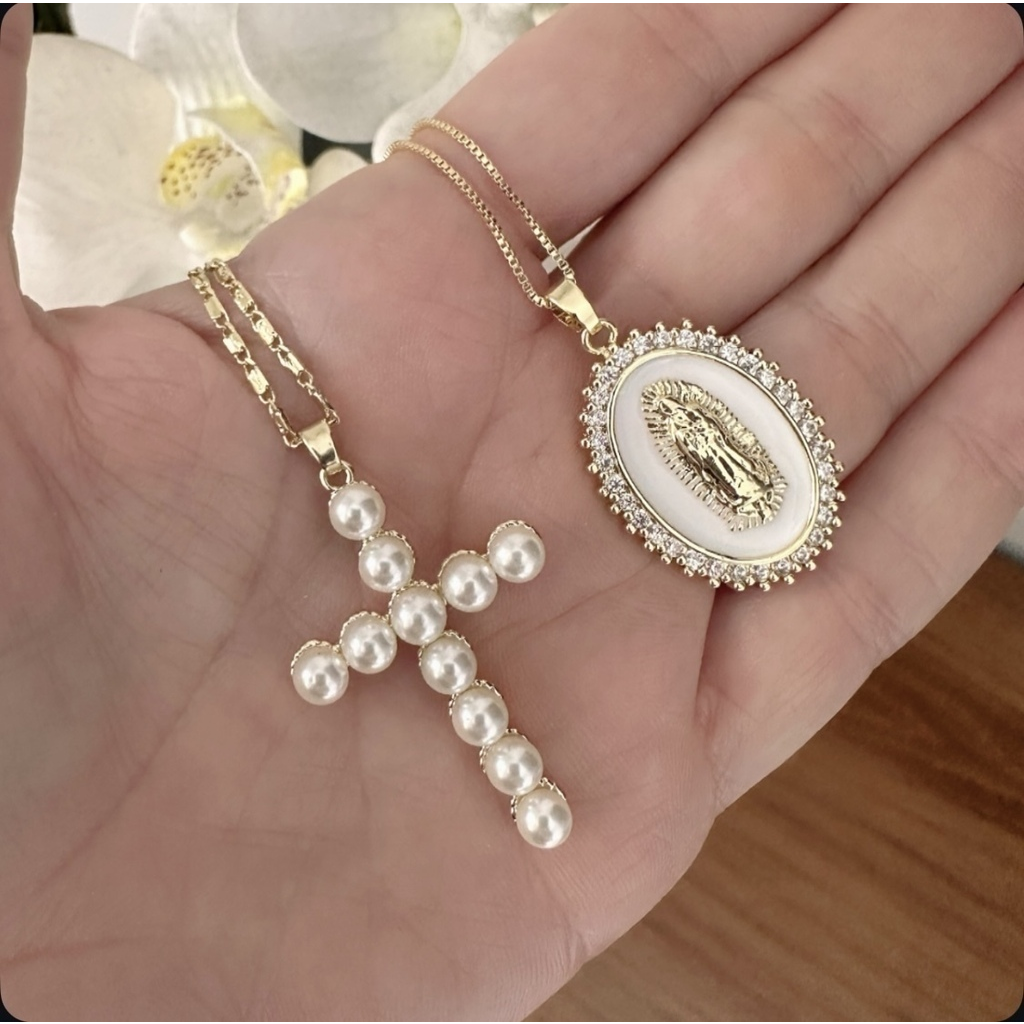 Cadenas cross Pearl & Virgen de Guadalupe